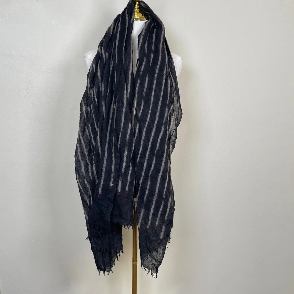 Striped Wool Gauze Wrap Scarf Black White‎ Frayed Edge Lightweight Oversized